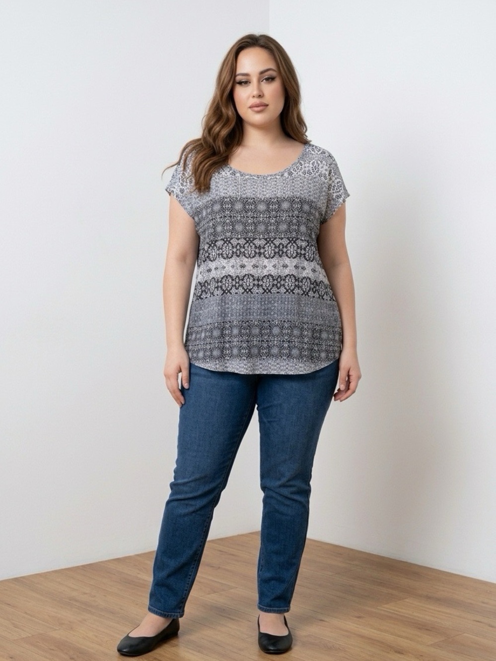 Lucky Brand Short Sleeve Grey Patterned Scoop Neck Top Size XL